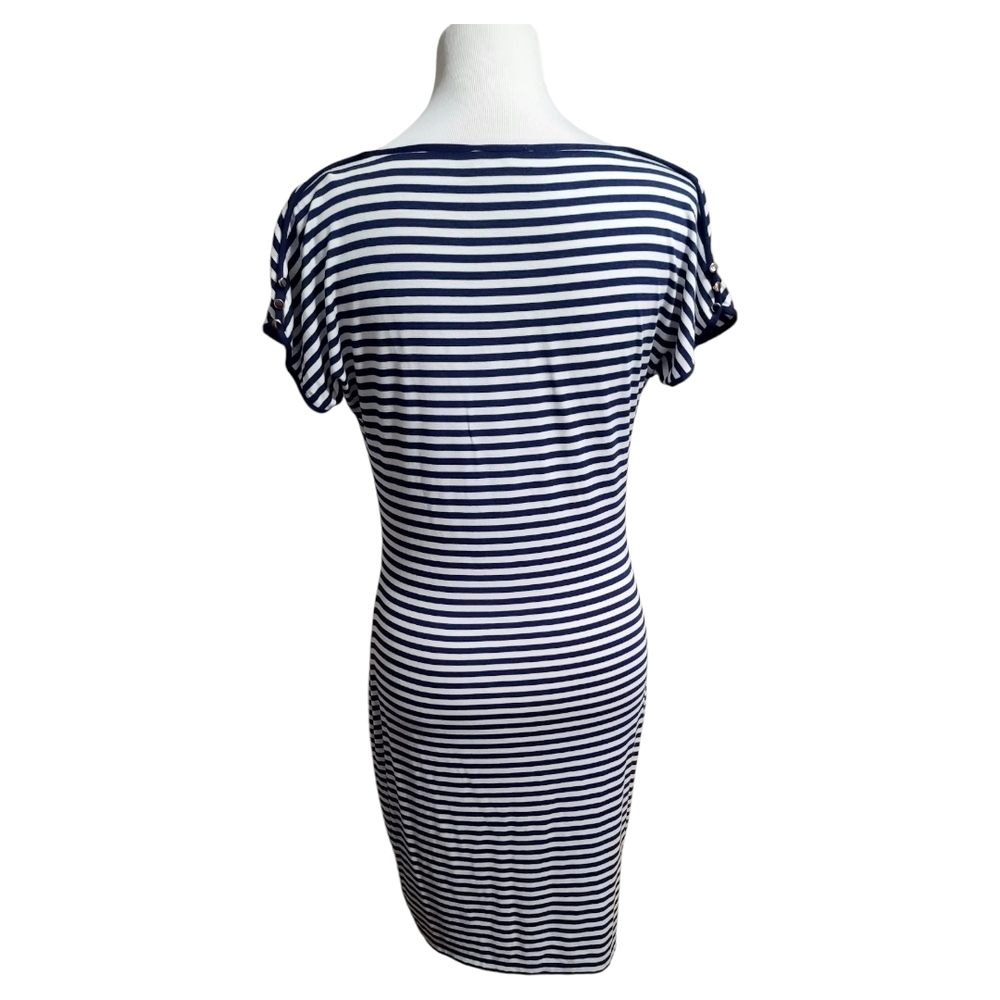 Calvin Klein Blue and White Buttery Soft Knit Sheath Dress with Cowl Neck - Picture 4 of 5